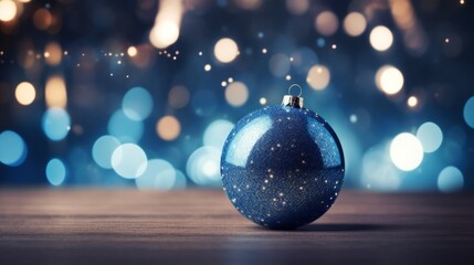 Fototapeta na wymiar Blue Christmas Ornament on Wooden Table