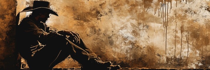 Cowboy wearing Black is Sat on a Grunge Wall in the Style of Pop Art Illustration - A Cowboy Background in Sepia Tone, Necro Nomi Con Illustration Wallpaper created with Generative AI Technology - obrazy, fototapety, plakaty