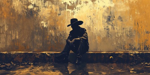 Cowboy wearing Black is Sat on a Grunge Wall in the Style of Pop Art Illustration - A Cowboy Background in Sepia Tone, Necro Nomi Con Illustration Wallpaper created with Generative AI Technology - obrazy, fototapety, plakaty