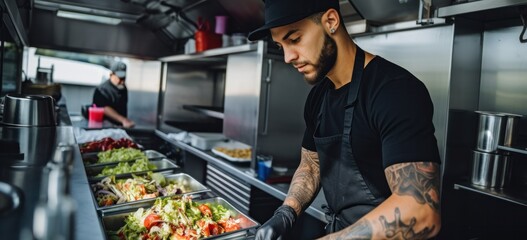 Chef preparing organic salads in food truck kitchen. Street food and entrepreneurship