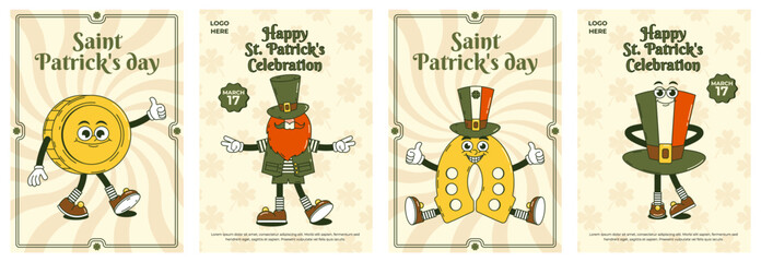 Happy Saint Patricks Day retro set greeting card, party invitation. Funky groovy cartoon characters. Vintage funny mascot patch psychedelic smile and emotion. Comic trendy vector illustration - obrazy, fototapety, plakaty