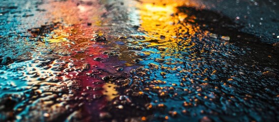 Bird's-eye view of vibrant, shimmering liquid spill on damp asphalt with bold hues.