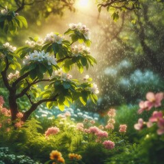 Fototapeta na wymiar flowering tree in a refreshing rain shower in summertime on blurred nature background in an idyllic garden with fresh green vegetation