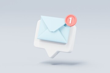3d mail envelope icon with notification new message sign icon. Minimal 3d email letter with notification red bubble unread icon. message mailbox concept 3d icon. isolated blue background 3d rendering. - obrazy, fototapety, plakaty