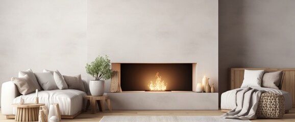 Mock up poster in modern home interior with fireplace, Scandinavian style, 3d render