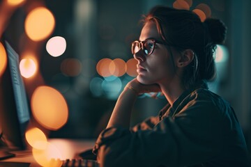 Pensive office employee staring at a glowing computer screen, feeling hopeful as they plan their career goals. A Professional Woman Working Late into the Night.