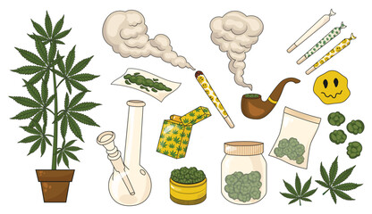 Marijuana vector set. Drug consumption, weed, cannabis and smoking drugs collection. Cartoon illustration of smoking equipment. Cannabis products set on white background. Bud, joint, lighter, greender