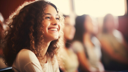 Joyful young girl with curly hair smiling brightly in an audience, with soft bokeh lights in the background.