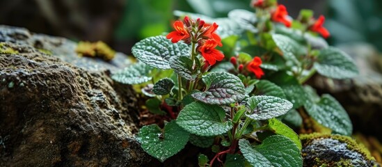 Carpet plant or Episcia blooming on rock in natural environment with bright red flower and leaves.