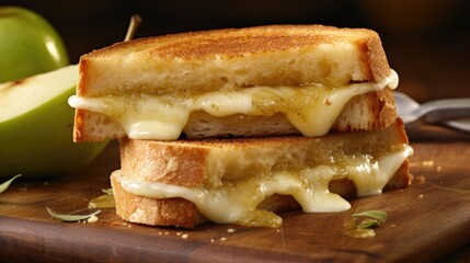 In this closeup shot, a delectable grilled cheese creation takes center stage. Sandwiched between goldenbrown slices of thick brioche, a velvety combination of creamy brie and earthy gruyere