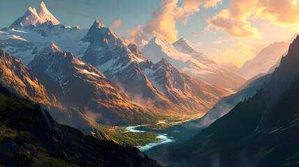 A breathtaking natural landscape showcasing the serene beauty of a mountain range at sunrise