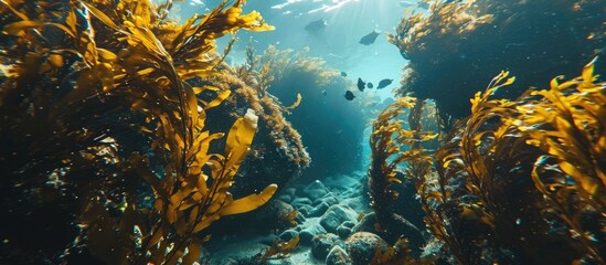 Brown kelp Ecklonia radiata thrives on underwater rocks. - obrazy, fototapety, plakaty