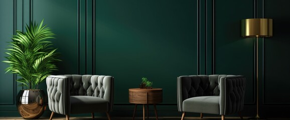 Modern interior design for home, office, interior details, upholstered furniture on the background of a dark green classic wall.