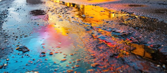 Colorful petrol oil spill on wet pavement becomes industry oil fuel spilling water pollution.
