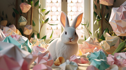 A curious white rabbit sitting amid a colorful array of origami Easter eggs in a bright, sunlit...