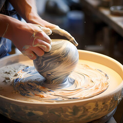 A close-up of a potter's hands glazing a ceramic piece. - obrazy, fototapety, plakaty