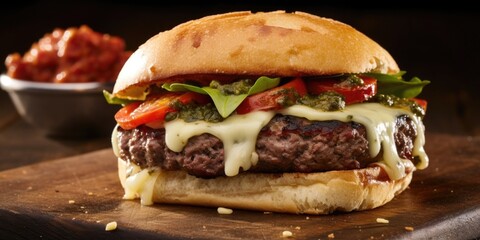 Prepare for a cheeseburger experience like no other. A succulent beef patty, cooked to perfection, holds the key to this mouthwatering creation. Infused with a mix of Italian herbs and es, - obrazy, fototapety, plakaty