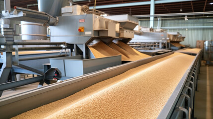 Industrial belt conveyor moving pellets, pet food industry