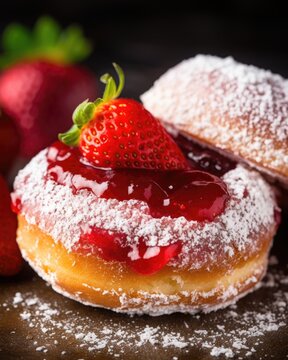 A mouthwatering closeup shot of a donut filled with luscious strawberry jam, dusted with powdered sugar and adorned with a glistening fresh strawberry slice, adding a burst of fruity freshness.