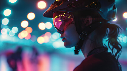 A dramatic side view of a roller derby player, her helmets visor reflecting the lights of the arena...