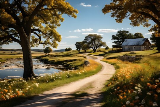 Photography of a charming countryside landscape, with a winding country road leading the viewer's eye into the distance
