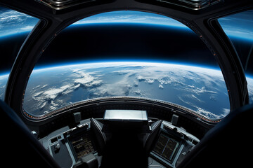 Earth view from space ship, View from inside space station looking at the earth and the moon