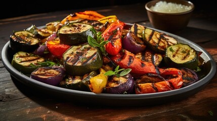 A platter of flamekissed vegetables, such as zucchini, eggplant, and bell peppers, glistening with olive oil and enhanced by the smoky flavor of the grill. Each bite unveils a harmonious