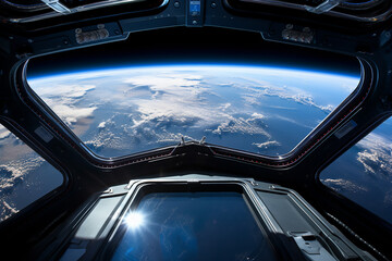 Earth view from space ship, View from inside space station looking at the earth and the moon