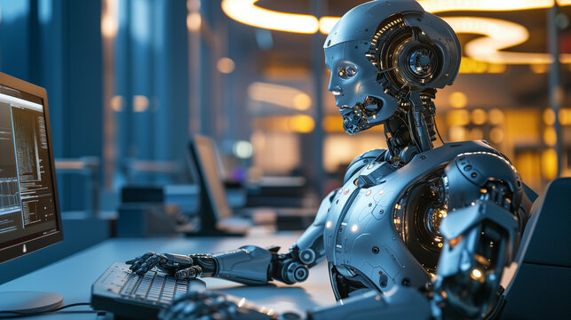 Future financial technology controlled by AI robot using machine learning and artificial intelligence to analyze business data and give advice on investment and trading decision, Ai generated.