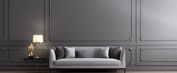 Modern minimalist gray, beige interior with sofa, wall moldings, carpet and decor. 3d render illustration mockup.