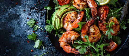 Grilled prawn salad with avocado, tomato, and cilantro on a black plate. Overhead view, studio shot.