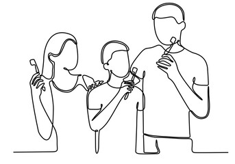 
continuous line art of personal hygiene. Happy family with toothbrushes in the bathroom. Simple flat vector.