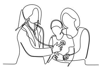 
continuous line art Medical examination in hospital concept. The doctor listens to the child's chest, checks the heartbeat using a stethoscope
