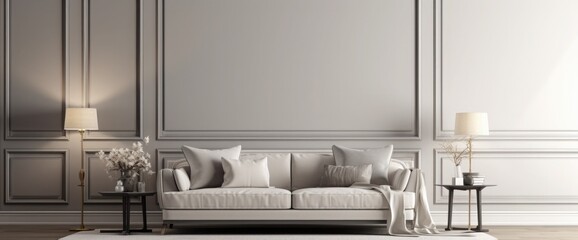 Modern minimalist gray, beige interior with sofa, wall moldings, carpet and decor. 3d render illustration mockup.