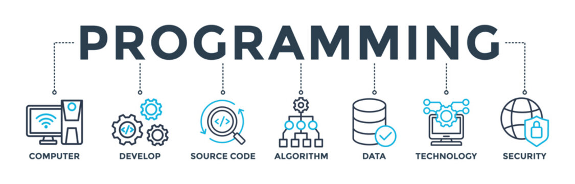 Programming banner concept with icon of computer, develop, source code, algorithm, data, technology and security. Web icon vector illustration 