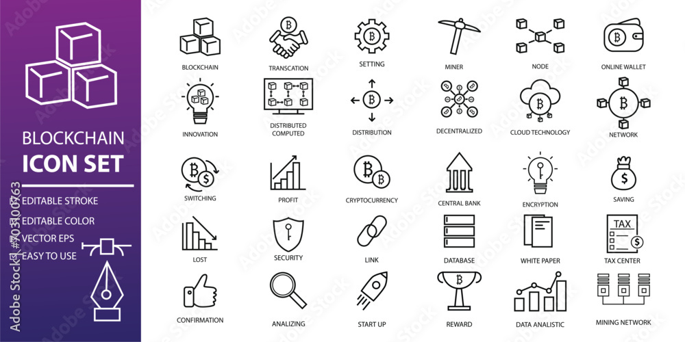 Wall mural Technology icon set. Editable stroke outline crypto blockchain simple style. suitable for design of app, UI or web elements about software development, web and technology applications
