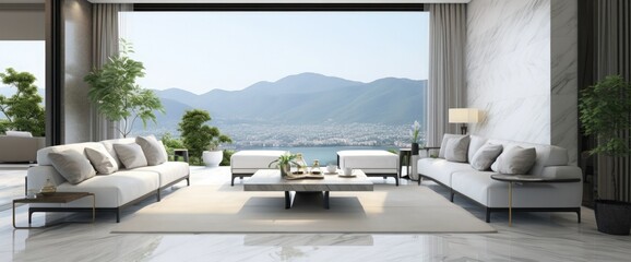 Modern style luxury white living room with garden view 3d render There are gray marble tile wall and floor decorate with glass chandelier overlooking nature view background - obrazy, fototapety, plakaty