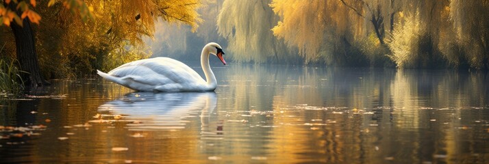 A Graceful White Swan Background on a Tranquil Lake surrounded by Weeping Willows with Autumn Colors - Beautiful Swan Wallpaper created with Generative AI Technology