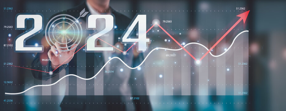 Businessman analyzes business growth plan in 2024, digital marketing strategy, revenue, profit, economy, stock market and business trends. Technical Analysis Strategies Using Future AI Technology