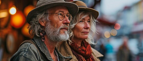 Fototapeta premium Charming elderly couple on vacation together in a city street. Elderly adults in love enjoying a good weekend or vacation while seeing a European city.