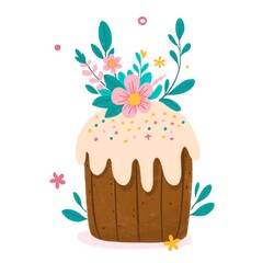 Collection of cute Easter spring decorative elements - Easter cakes, cupcakes, Easter eggs, blooming flowers, leaves isolated on white background. Colorful holiday flat vector illustration.