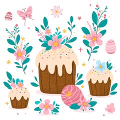 Collection of cute Easter spring decorative elements - Easter cakes, cupcakes, Easter eggs, blooming flowers, leaves isolated on white background. Colorful holiday flat vector illustration.