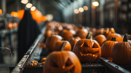 Devil in black cloak work with Pumpkins with halloween scary face on conveyor belt line, Distribution warehouse decorated with halloween props. E - commerce and storage of pumpkins. - obrazy, fototapety, plakaty