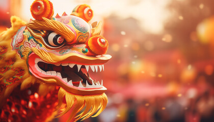 Fototapeta premium Beautiful decorated dragon performing traditional Chinese New Year dragon dance