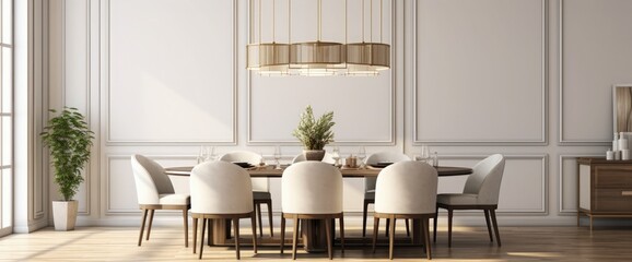 Realistic 3D render contemporary elegance asian style dining room with modern family round table and chairs, porcelain ceramic, Blank space on parquet floor, Backdrop, Home, Luxury, Chandelier, Golden