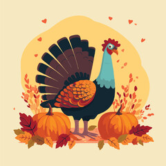 Thanksgiving turkey with pumpkins and autumn leaves. Vector illustration.