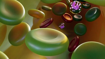 Sulfhemoglobinemia, a condition characterized by abnormally high levels of sulfhemoglobin (SulfHb) in the blood, can cause the blood to appear greenish in color, 3d rendering