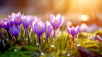 Crocuses. a group of spring purple flowers against the background of the sun, spring morning, sunrise, warm and joyful atmosphere.