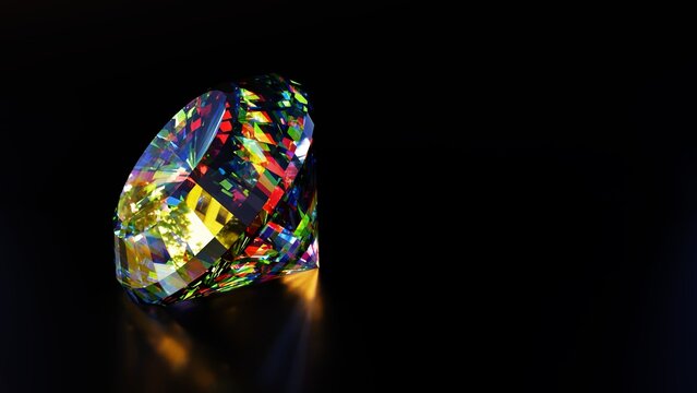 3D rendering of round and pear-shaped diamonds on a deep shade of black background. The diamonds are all sparkling brightly, and their facets reflect the light like tiny mirrors.