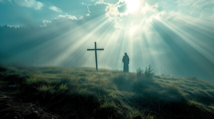 Jesus Christ standing in front of the cross holy magic light